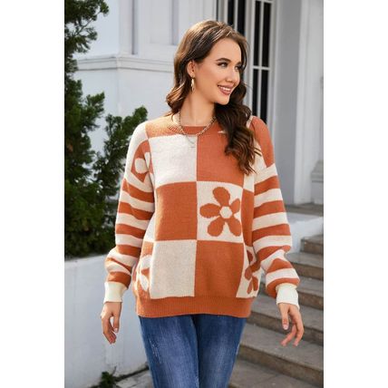 Brown Checkered Floral Print Striped Sleeve Sweater