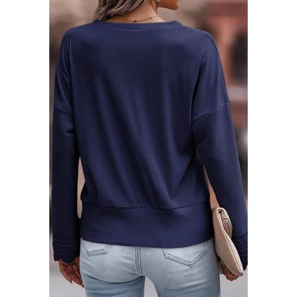Blue Ribbed Texture Lace Trim V Neck Long Sleeve Top