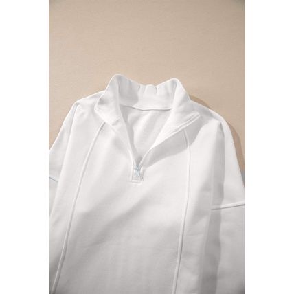 White Zipped Neck Pullover Drop Shoulder Sweatshirt
