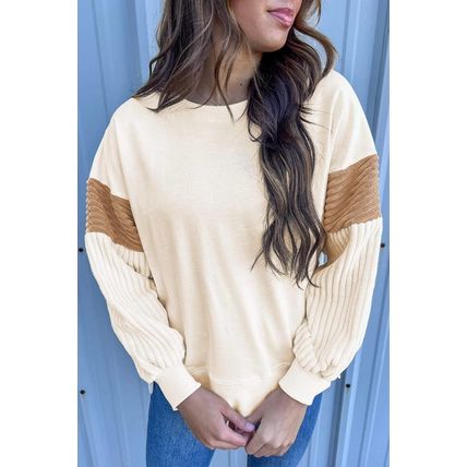 Apricot Corduroy Patchwork Drop Shoulder Long Sleeve Sweatshirt