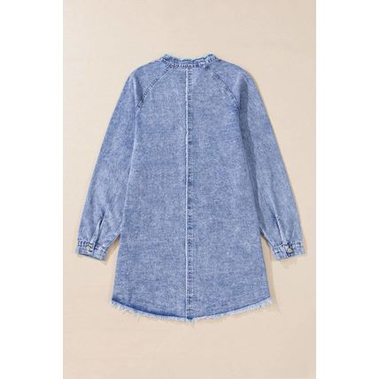 Beau Blue Mineral Wash Long Sleeve Button Up Raw Hem Pocketed Denim Dress