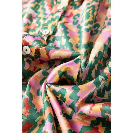 Dark Green Abstract Print Half Sleeve Button up Loose Shirt