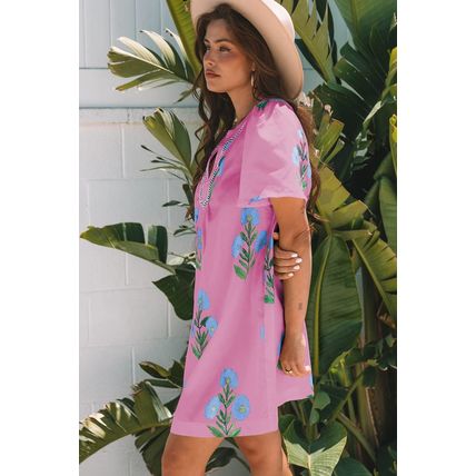 Rose Floral Short Sleeve Split Neck Loose Mini Dress