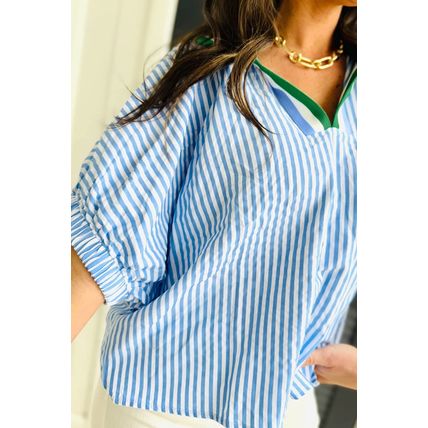 Sky Blue Striped Print Contrast Split Neck Dolman Sleeve Blouse