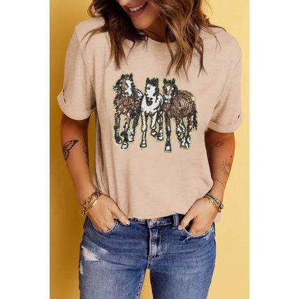 Khaki Sequin Horses Patched Casual Crewneck T Shirt