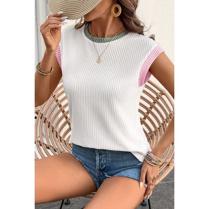 White Color Block Corded Knit Crew Neck Tee