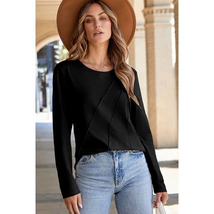 Black Asymmetric Seam Detail Solid Color Long Sleeve Top