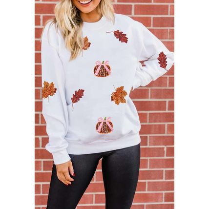 White Fall Leaf Bow Pumpkin Sequin Patched Baggy Sweatshirt