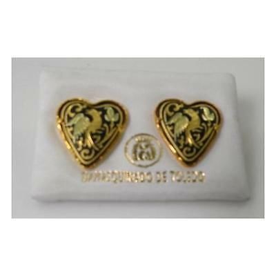 Damascene Gold Heart Dove of Peace Design Stud Earrings by Midas of Toledo Spain