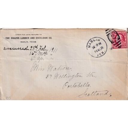 United States 1911 Brazos Lumber and Excelsior Co.Marlin TEX-Portobello UK VGC
