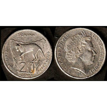Australia Twenty Cents 2001 Used Coin 20c Federation Tasmania Map QE II