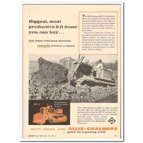 ALLIS-CHALMERS 1959 HD-11 productive 8-ft dozer tractor vintage ad
