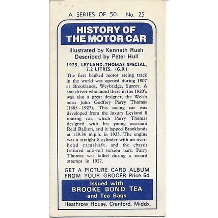 History of the Motor Car 1968 Brooke Bond Tea Card 25 - 1925 Leyland-Thomas
