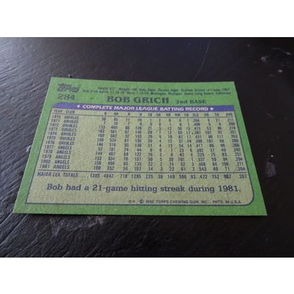 1982 Topps Card # 284 Bob Grich Excellent-Mint (6) California Angels