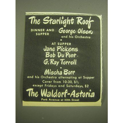 1945 The Waldorf-Astoria Hotel Ad - George Olsen, Jane Pickens
