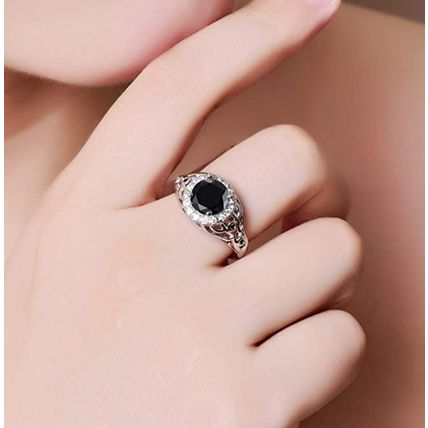 Black Spinel Halo Engagement Ring 925 Sterling Silver Filled