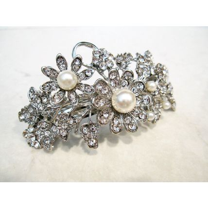 Silver flower shaped pearl and crystal hair barrette clip bridal clip bridal