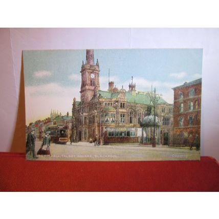 TOWN HALL, TALBOT SQUARE, BLACKPOOL, LANCASHIRE unused antique postcard #