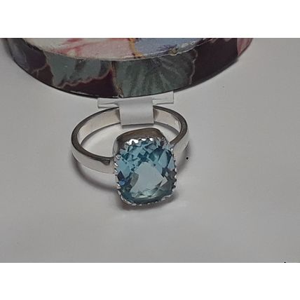 4.0ct 11X9mm Emerald Cut Blue Topaz Sterling Silver crown top Bezel Ring #20046