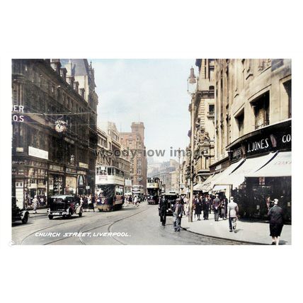 ptc3391 - Lancs. - Trams & Cars on Church St. in Liverpool c1930/40s - print 6x4