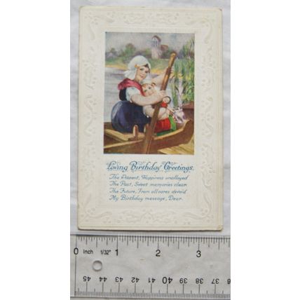 vintage postcard Loving Birthday Greetings - girl in boat