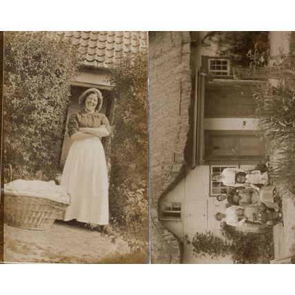 Cottage Owner Laughing With Old Washing Basket WW1 2x Real Photo Postcard