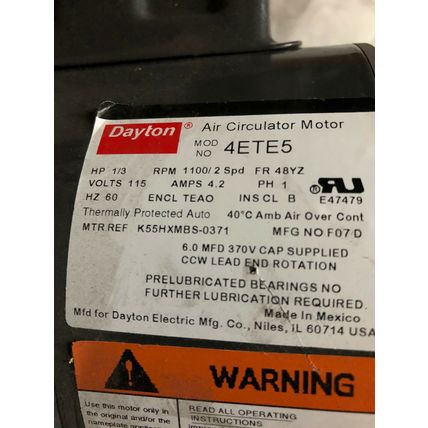 NEW DAYTON 4ETE5 AIR CIRCULATOR MOTOR 1/3hp 1100rpm 2 Spd ,BI