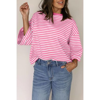 Pink Stripe Bowknot Cutout Back Drop Shoulder Wide Bracelet Sleeve Loose Tee