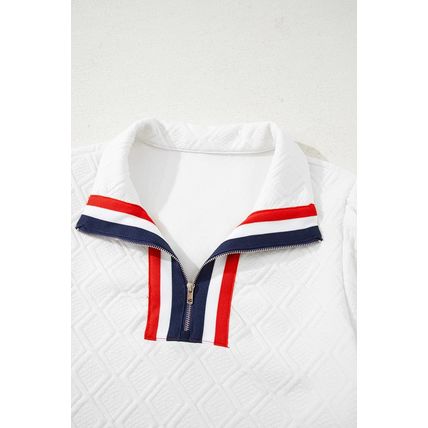 White Textured Jacquard Colorblock Edge Puff Sleeve Quarter Zip Mini Dress