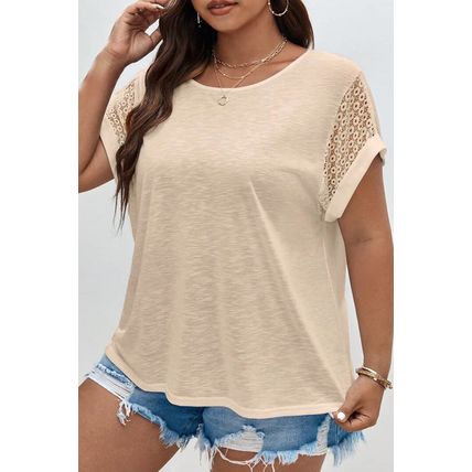 Parchment Lace Patchwork Short Sleeve Round Neck Plus Size Summer Top