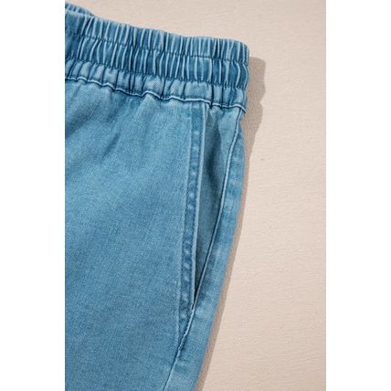 Beau Blue Contrast Drawstring Elastic Waist Denim Shorts