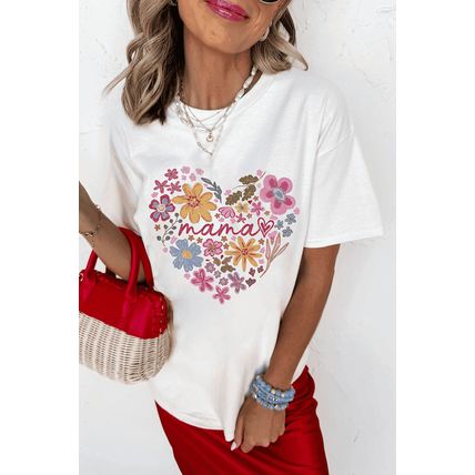 White MAMA Flower Heart Cotton Blend Graphic Tee
