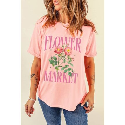 Pink FLOWER MARKET Graphic Crewneck T Shirt