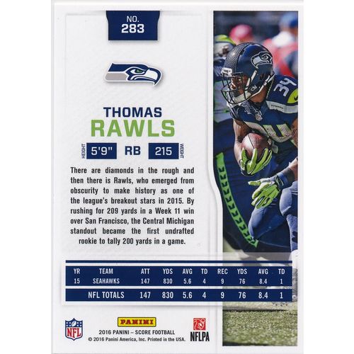 2016 Score Football 283 Thomas Rawls Seattle Seahawks