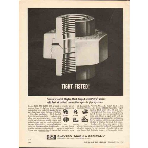 CLAYTON MARK COMPANY 1962 Tight Fisted steel Petro unions vintage ad