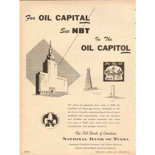 NATIONAL BANK OF TULSA 1953 NBT oil capital capitol finance vintage ad