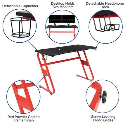 Red Gaming Desk and Black Racing Chair Set with Cup Holder and Headphone Hook