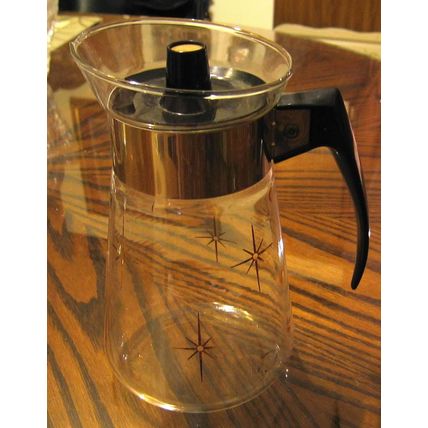 PYREX GLASS 6 CUP COFFEE POT TEA CARAFE GOLD STARBURST STAINLESS STEEL BLACK