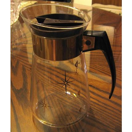 PYREX GLASS 6 CUP COFFEE POT TEA CARAFE GOLD STARBURST STAINLESS STEEL BROWN