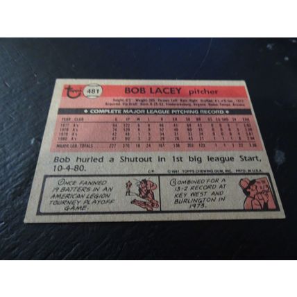 1981 Topps Card # 481 Bob Lacey Very Good-Excellent (4) Oakland Athletics