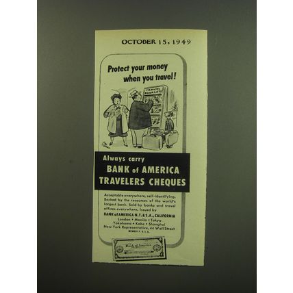 1949 Bank of America Travelers Cheques Ad - Protect your money when you travel