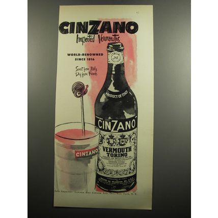 1951 Cinzano Vermouth Ad - Cinzano imported vermouths world-renowned since 1816