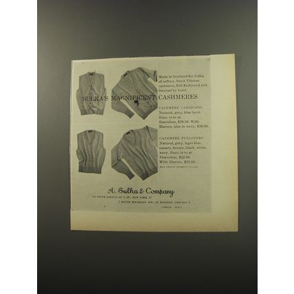 1953 A. Sulka Cashmere Cardigans and Pullovers Advertisement