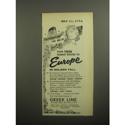1956 Greek Line Cruise Ad - Your twin tourist routes to Europe
