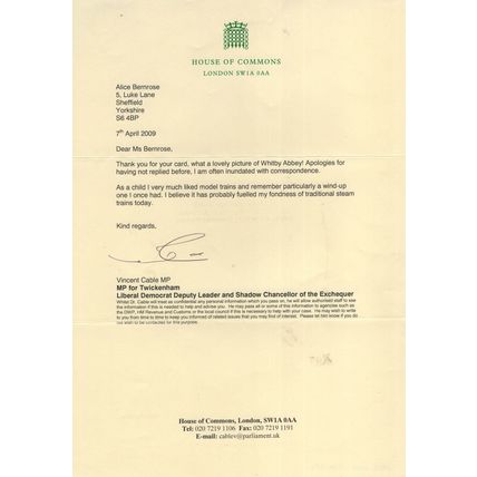 Vincent Cable Twickenham MP Model Train Railway Hand Signed Letter
