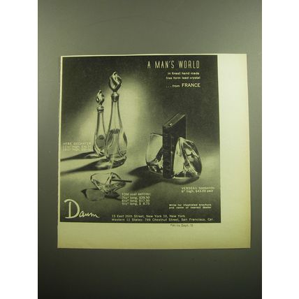 1958 Daum Crystal Advertisement - Hebe Decanter; Tom Ashtray, Verseau Bookends