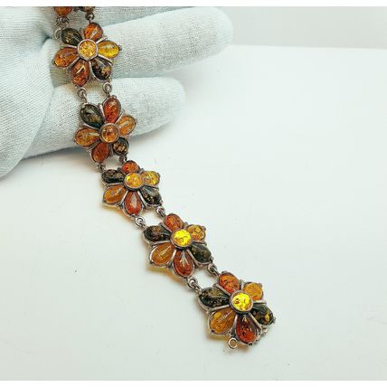 Vintage Polish Valerio 925 Sterling Silver Baltic Amber Chunky Flower Bracelet