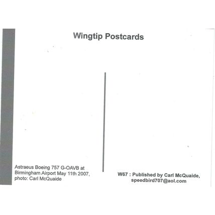 BOEING 757 AIRCRAFT ASTRAEUS AT BIRMINGHAM AIRPORT CARD NO W67