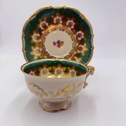 Antique Schwarzenhammer Bavaria Porcelain Gold Trim tea cup & saucer Green