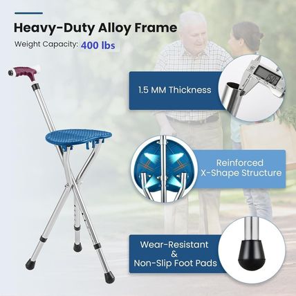 Folding Cane Seat Combo 400 Lbs Capacity Portable Cane Stool Handy Folding Crutc